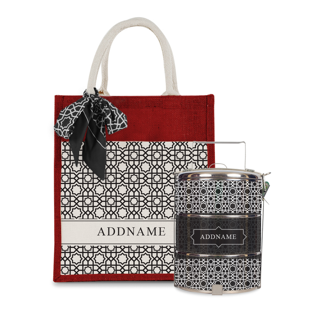 Annas Series - Black Colorful Jute Bag with Front Pocket with Tiffin Carrier Set