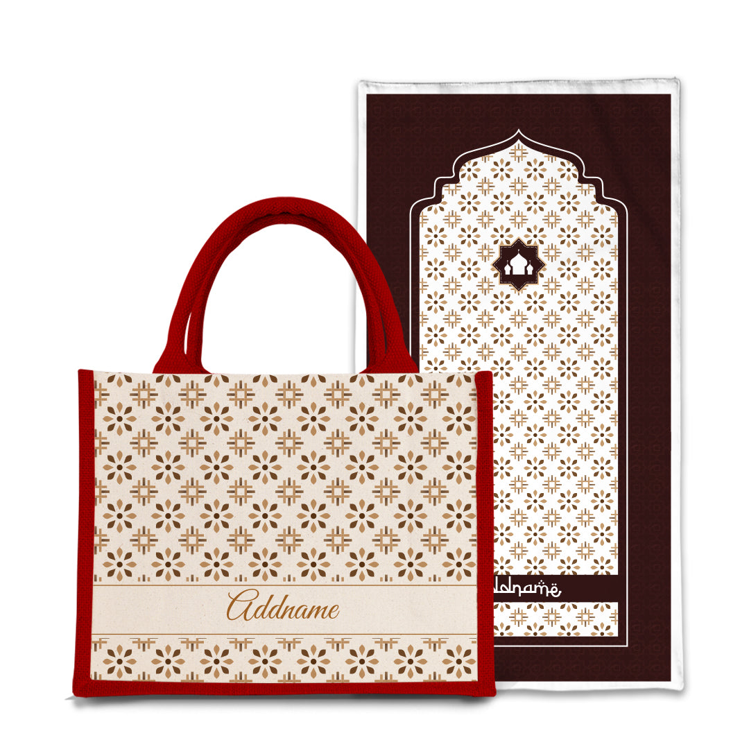 Arabesque Tawny Brown  Sejadah Prayer Mat with Half Lining Small Jute Bag Bundle