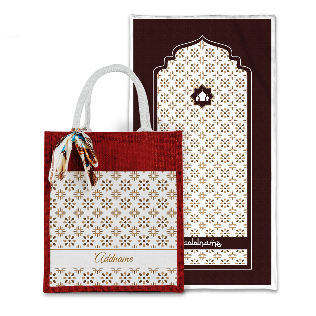 Arabesque Tawny Brown Sejadah with Matching Colourful Jute Bag