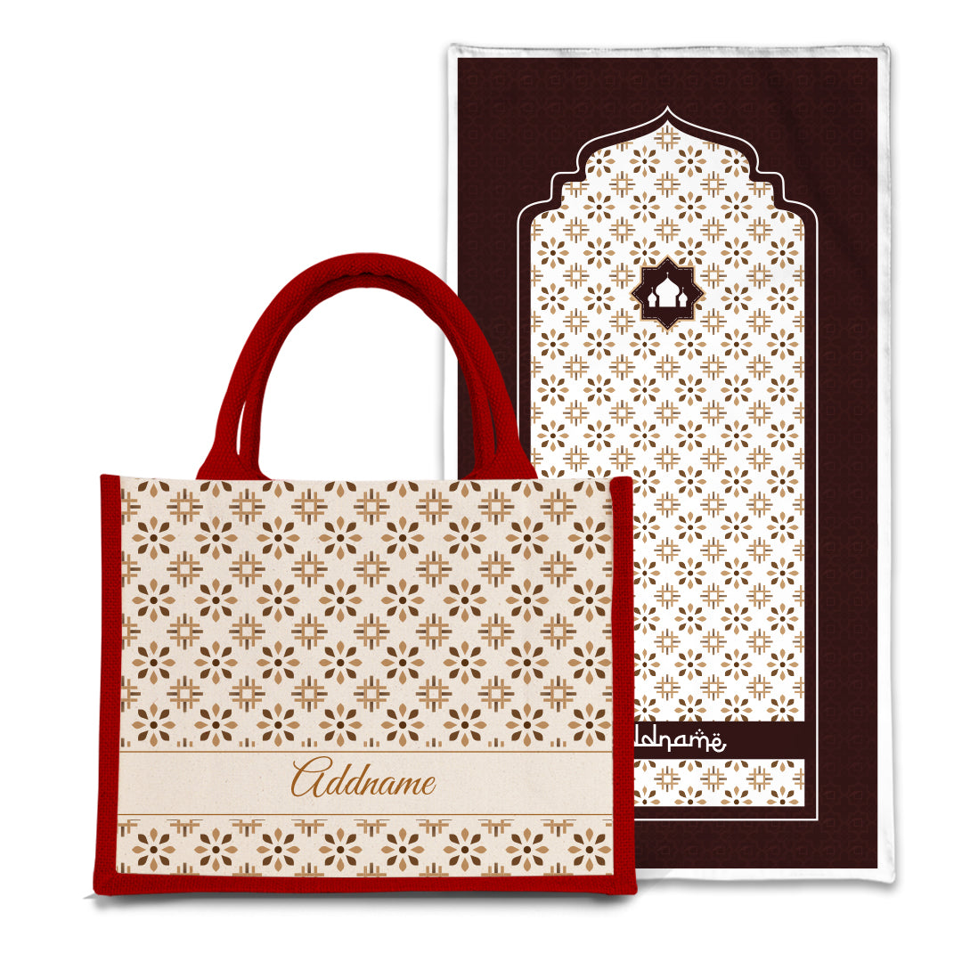 Arabesque Tawny Brown  Sejadah Prayer Mat with Half Lining Small Jute Bag Bundle