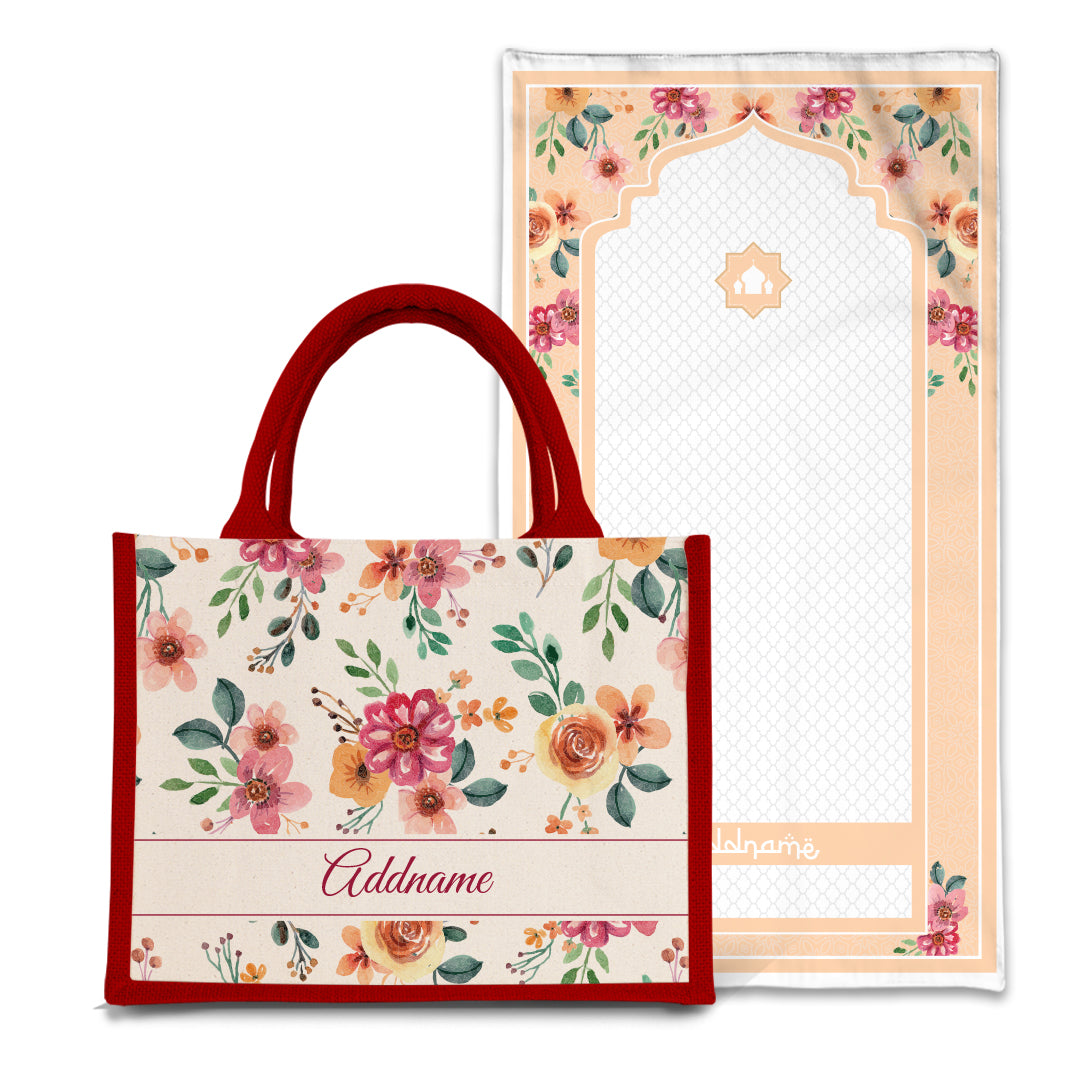 Garnet  Sejadah Prayer Mat with Half Lining Small Jute Bag Bundle