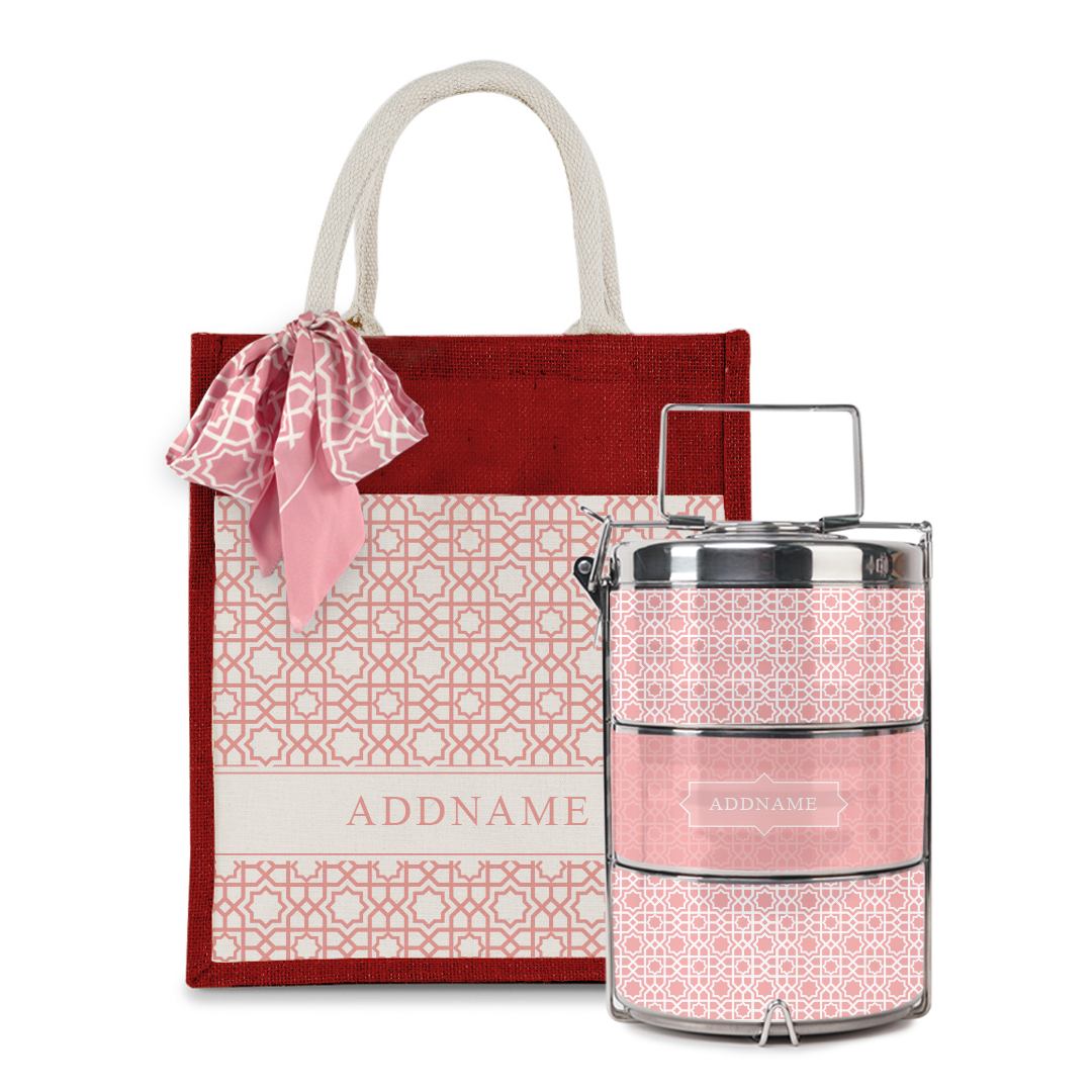 Annas Series - Pastel Peach Colorful Jute Bag with Front Pocket with Tiffin Carrier Set