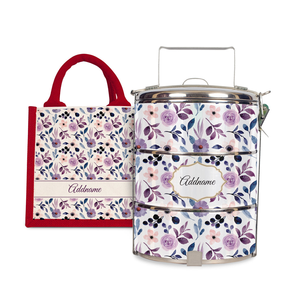 Laura Series - Violet - Lunch Tote Bag with Three-Tier Tiffin Carrier
