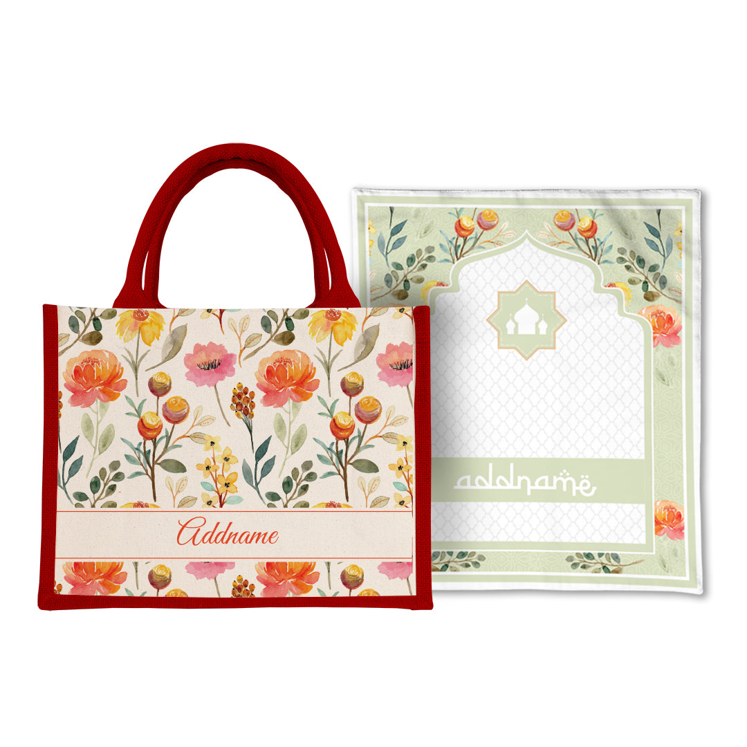 Carnelian  Sejadah Prayer Mat with Half Lining Small Jute Bag Bundle