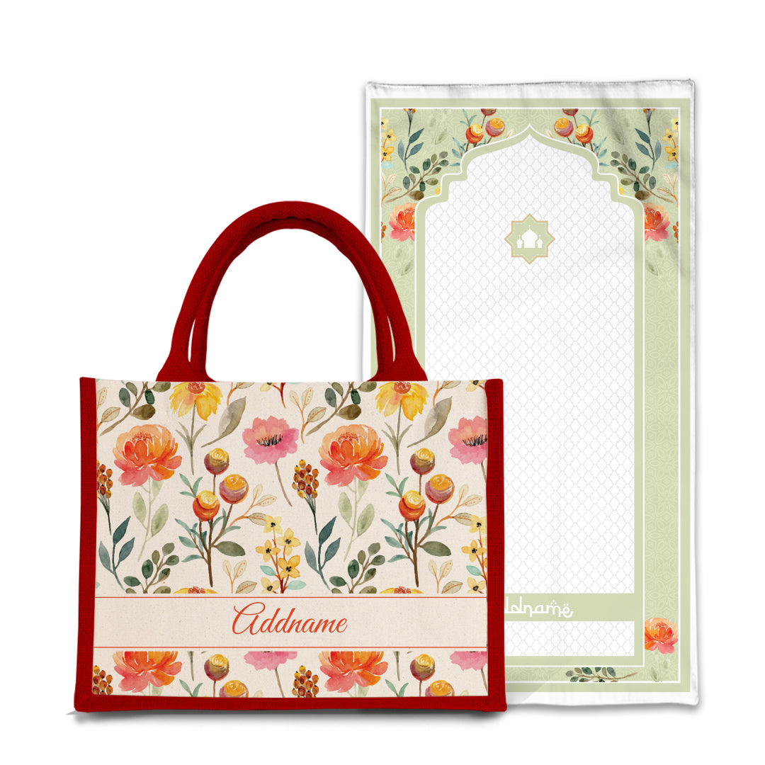 Carnelian  Sejadah Prayer Mat with Half Lining Small Jute Bag Bundle