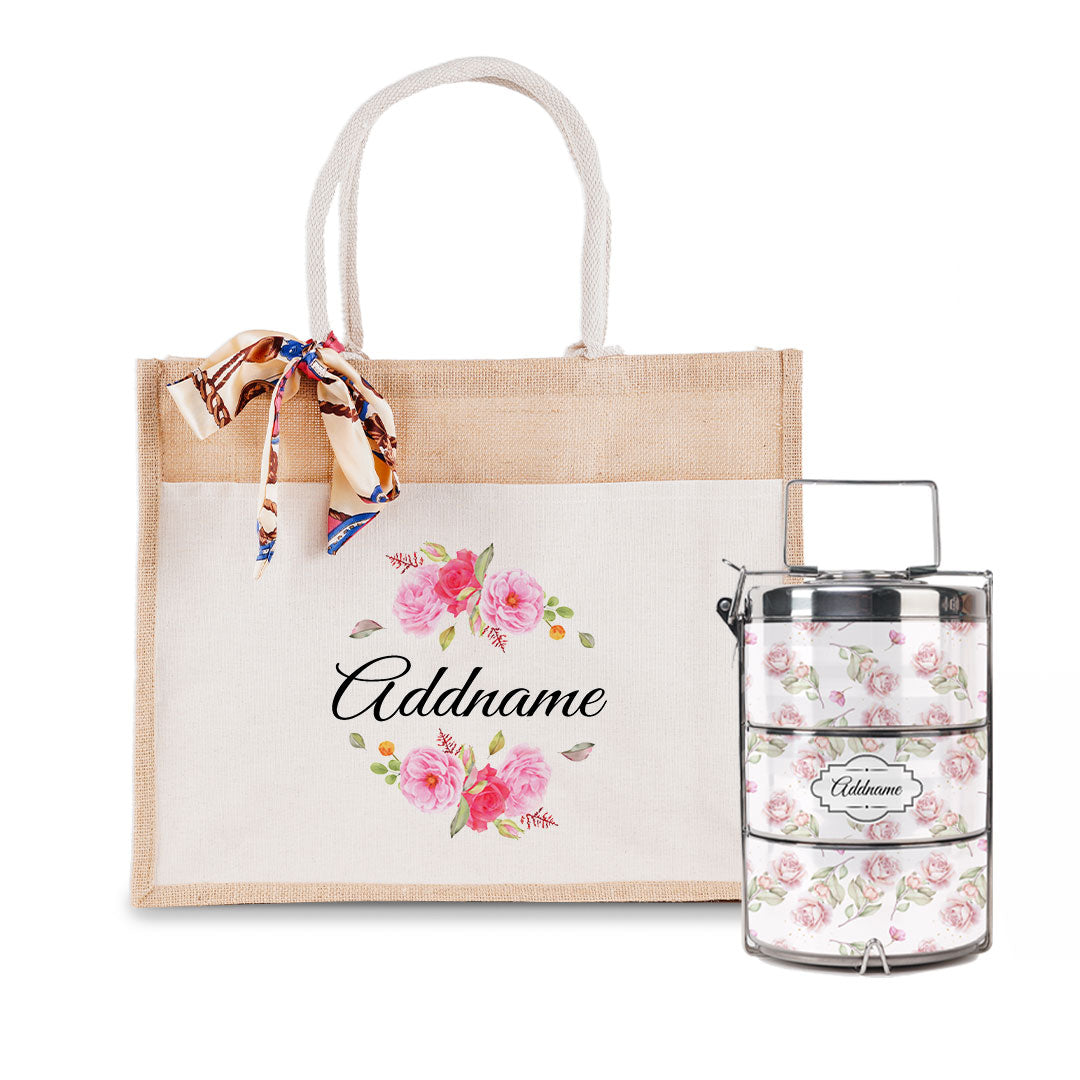 Pink Rose Flower Tiffin Carrier and Jute Bag with Front Pocket Set