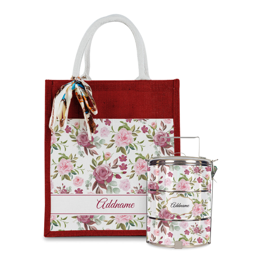 Laura Series - Ruby Colorful Jute Bag with Tiffin Carrier Set