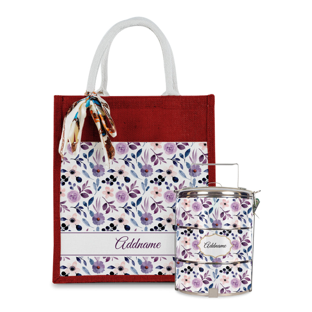 Laura Series - Violet Colorful Jute Bag with Front Pocket with Tiffin Carrier Set