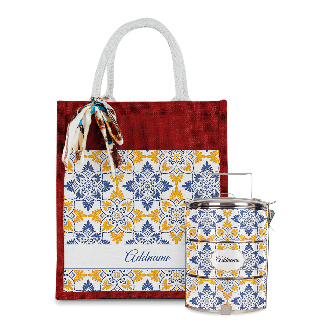 Arabesque Butter Blue Colourful Jute Bag with Tiffin Carrier Set