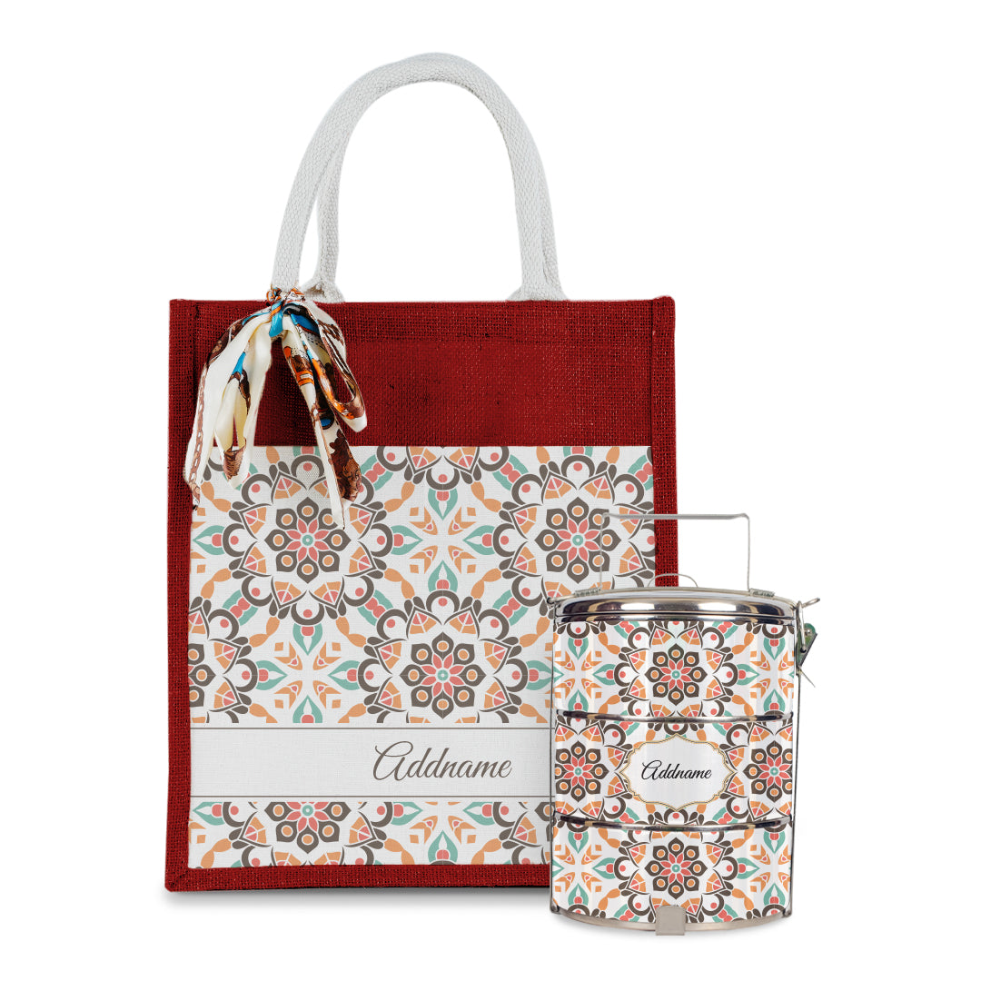 Arabesque Geo Brown Colourful Jute Bag with Tiffin Carrier Set