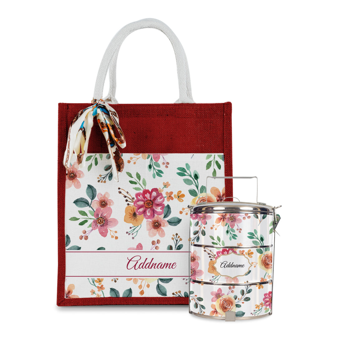 Laura Series - Garnet Colorful Jute Bag with Tiffin Carrier Set