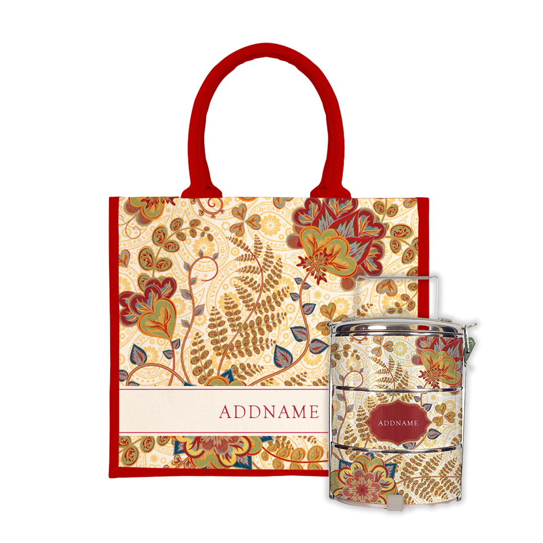 Batik Series - Mawar Tiffin Carrier with Half Lining Jute Bag