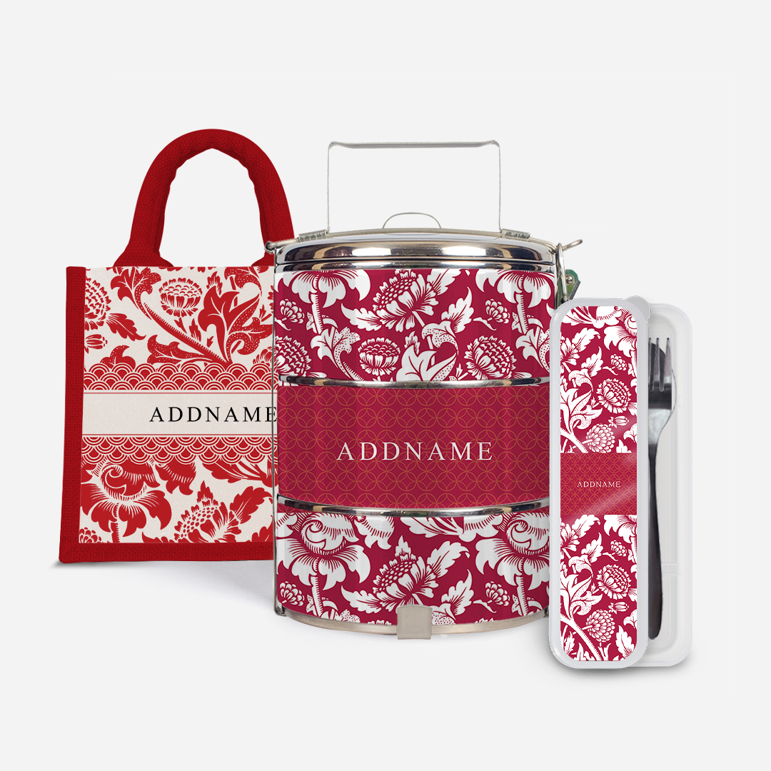 Limitless Opportunity Series - Red Standard Tiffin with Half Lining Lunch Bag and Cutlery With English Personalization