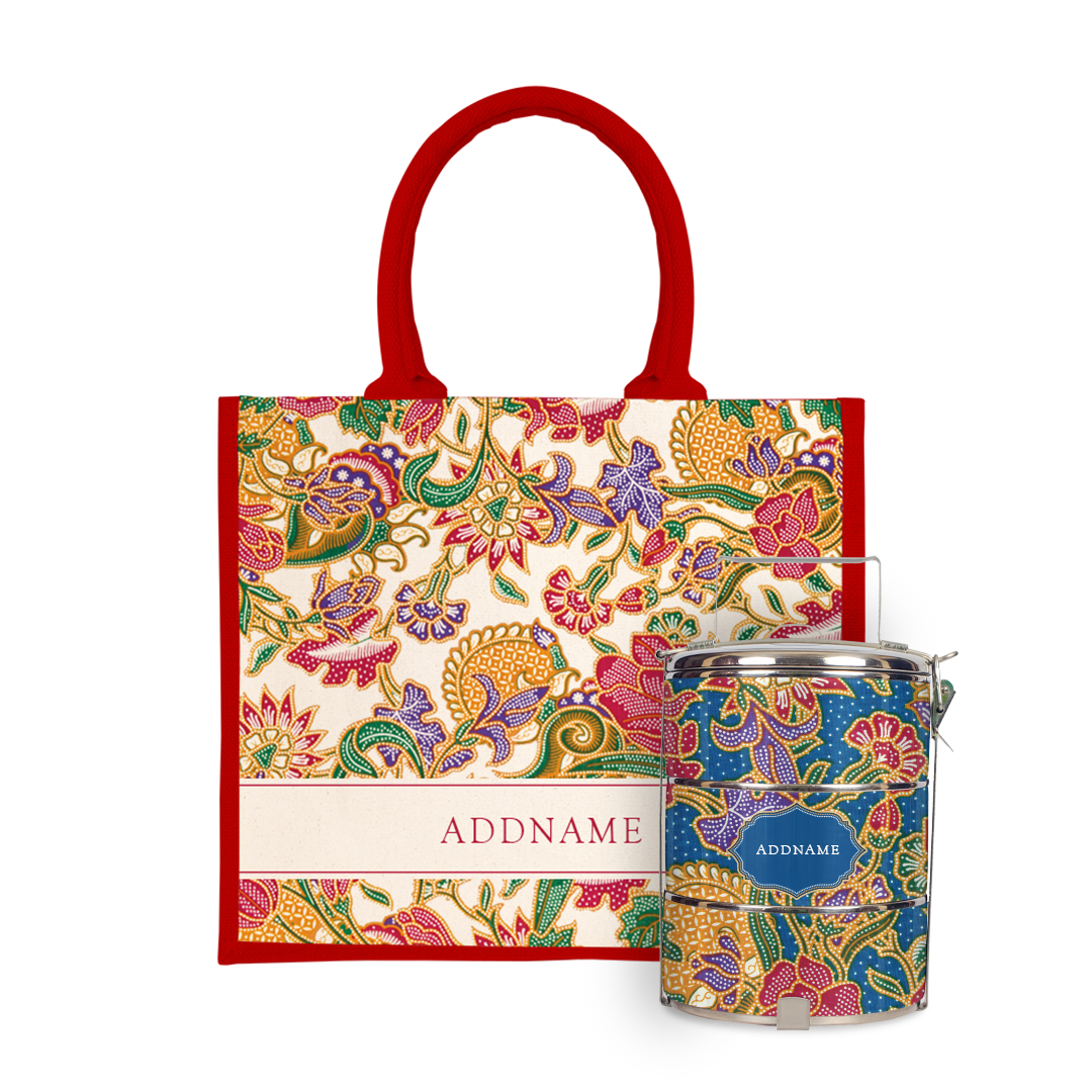 Batik Series - Kuntum Tiffin Carrier with Half Lining Jute Bag