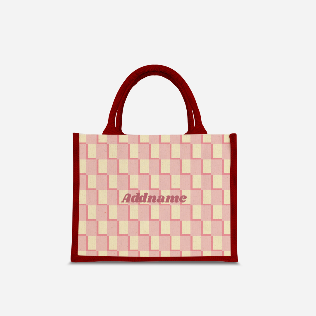 Checkered Series Half Lining Small Jute Bag - Pink Red