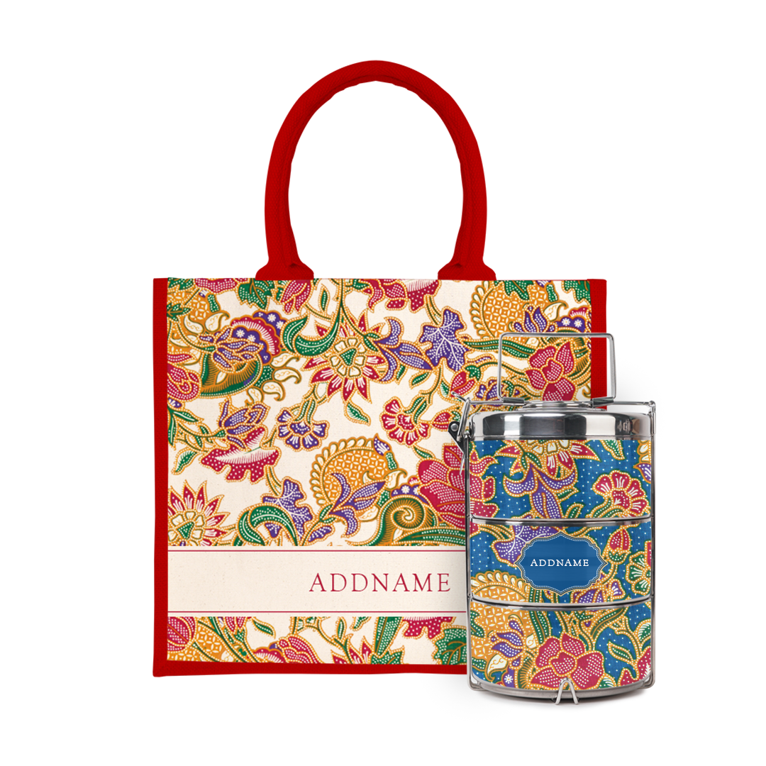 Batik Series - Kuntum Tiffin Carrier with Half Lining Jute Bag