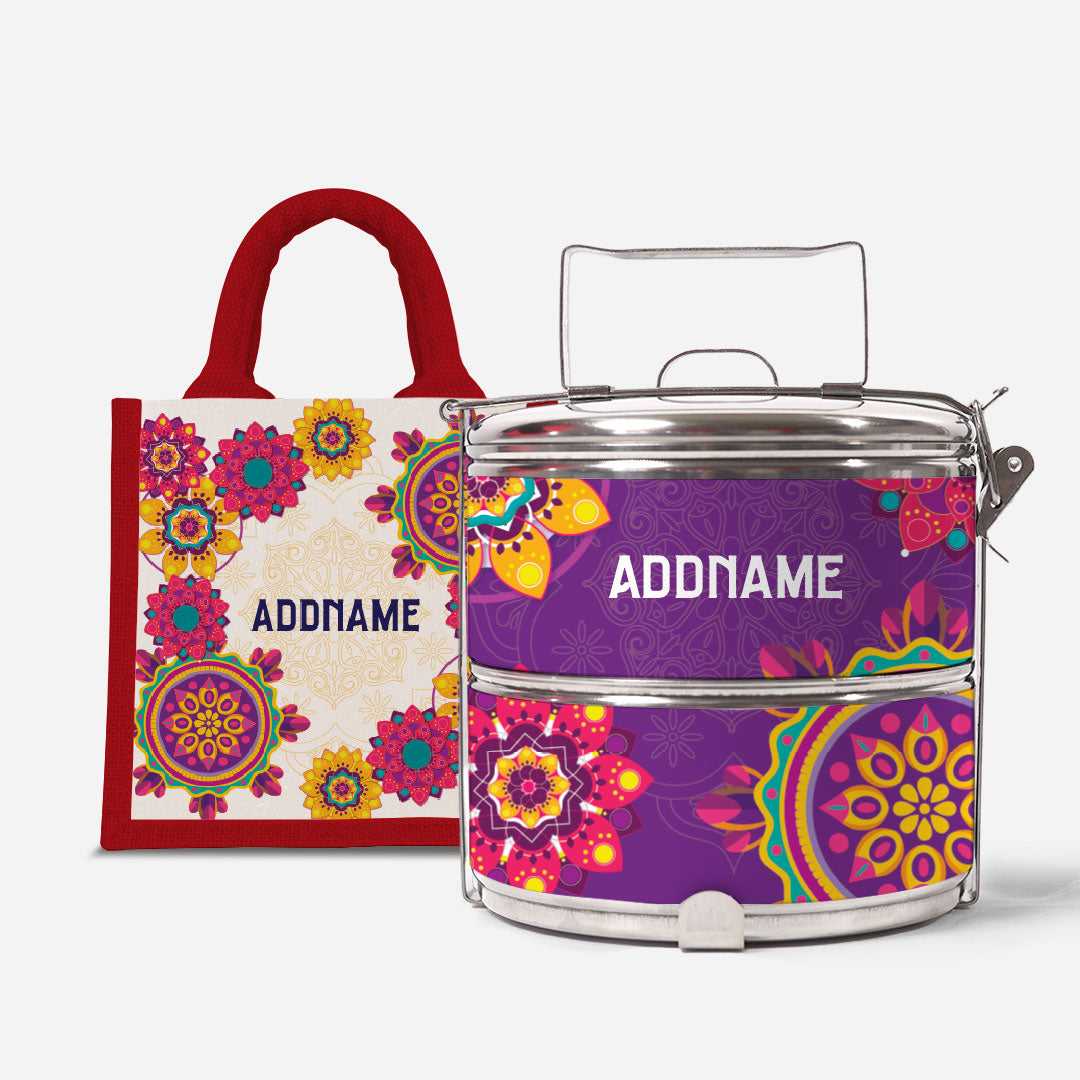 Pookal Series Standard Two Tier Tiffin with Half Lining Lunch Bag - Puukom Red