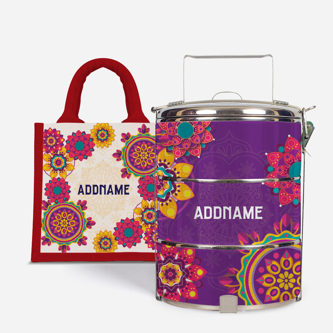 Pookal Series Standard Tiffin with Half Lining Lunch Bag - Puukom Red