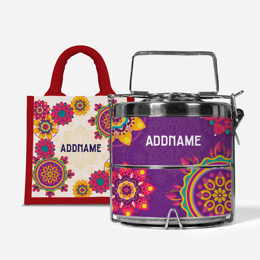 Pookal Series Premium Two Tier Tiffin with Half Lining Lunch Bag - Puukom Red