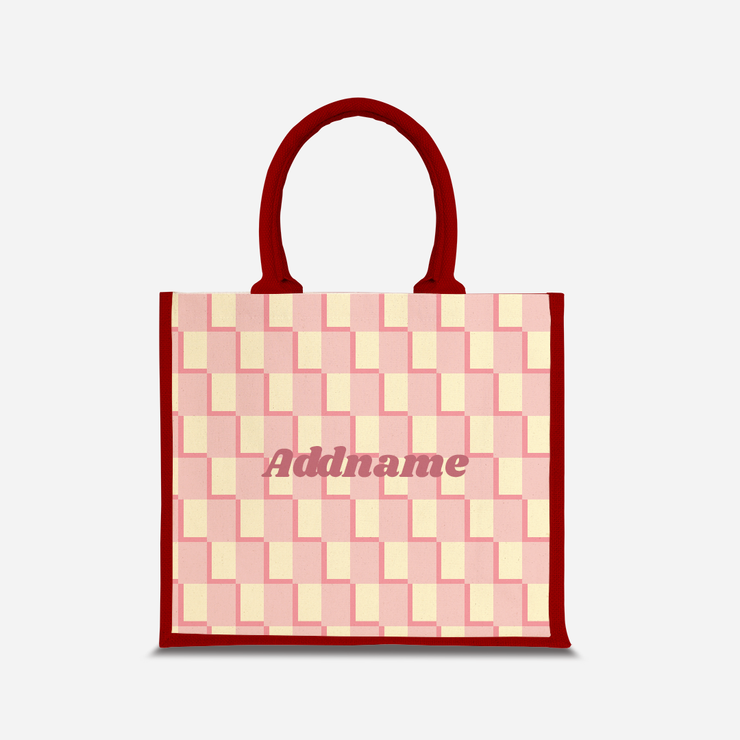 Checkered Series Half Lining Jute Bag - Pink Red