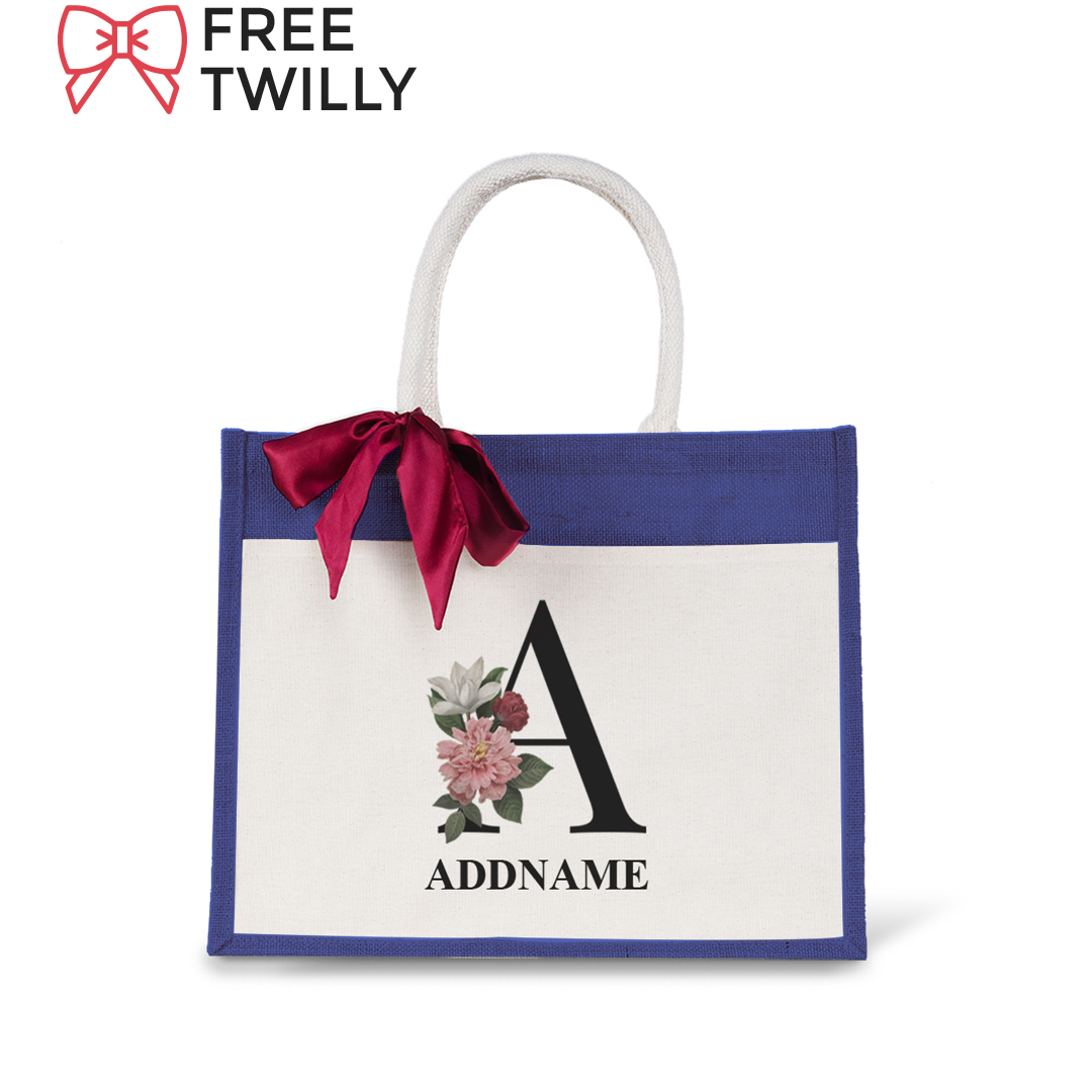 Myra Floral Series Navy Jute Bag with Front Pocket