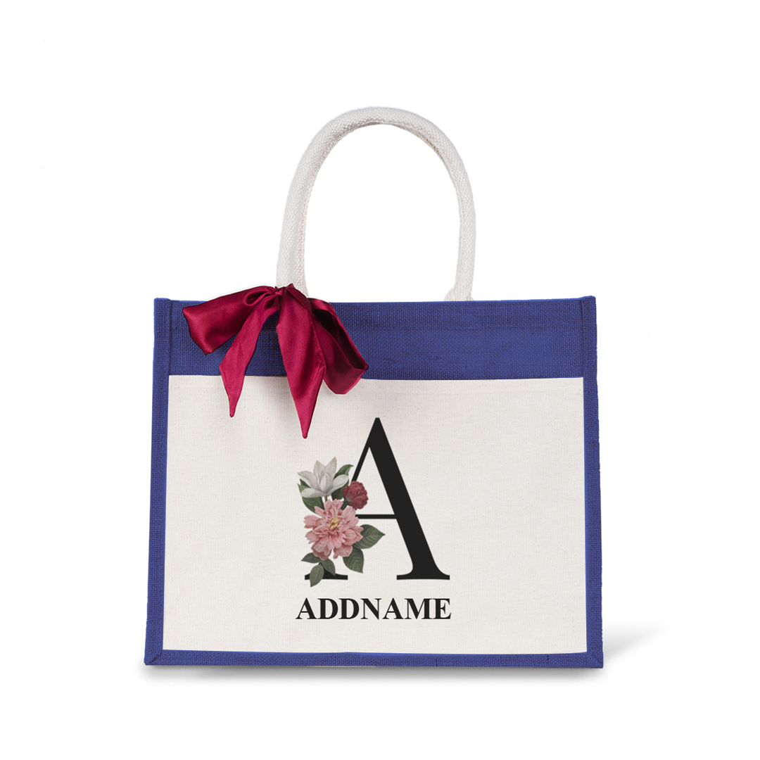 Myra Floral Series Navy Jute Bag with Front Pocket