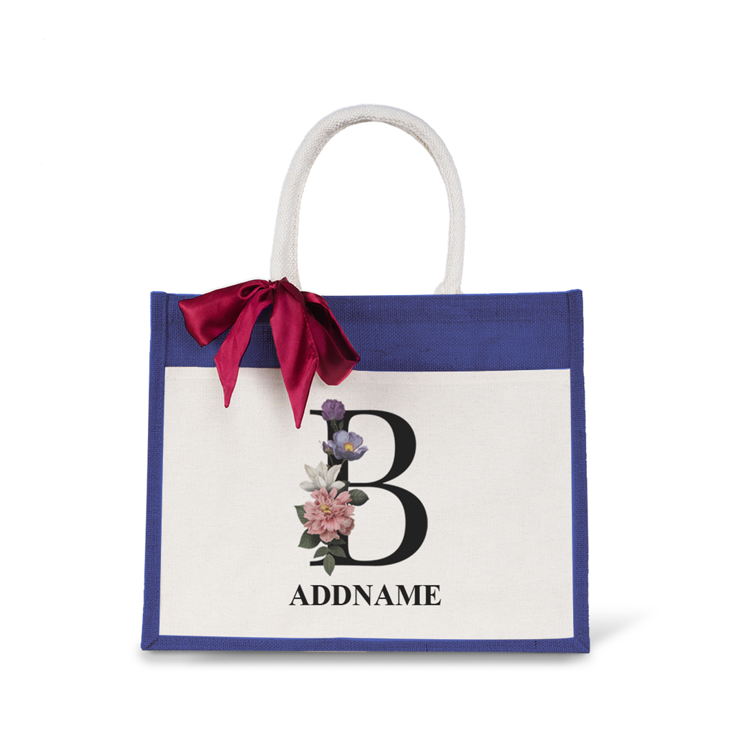 Myra Floral Series Navy Jute Bag with Front Pocket