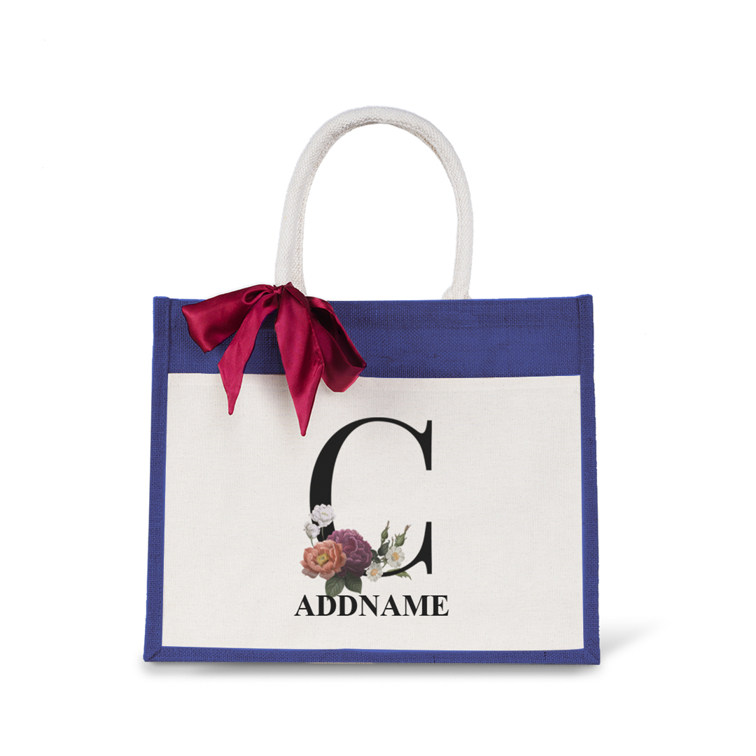 Myra Floral Series Navy Jute Bag with Front Pocket