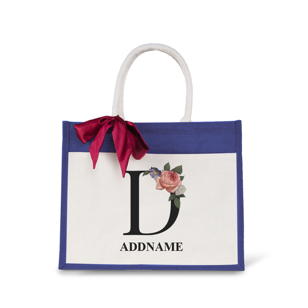 Myra Floral Series Navy Jute Bag with Front Pocket