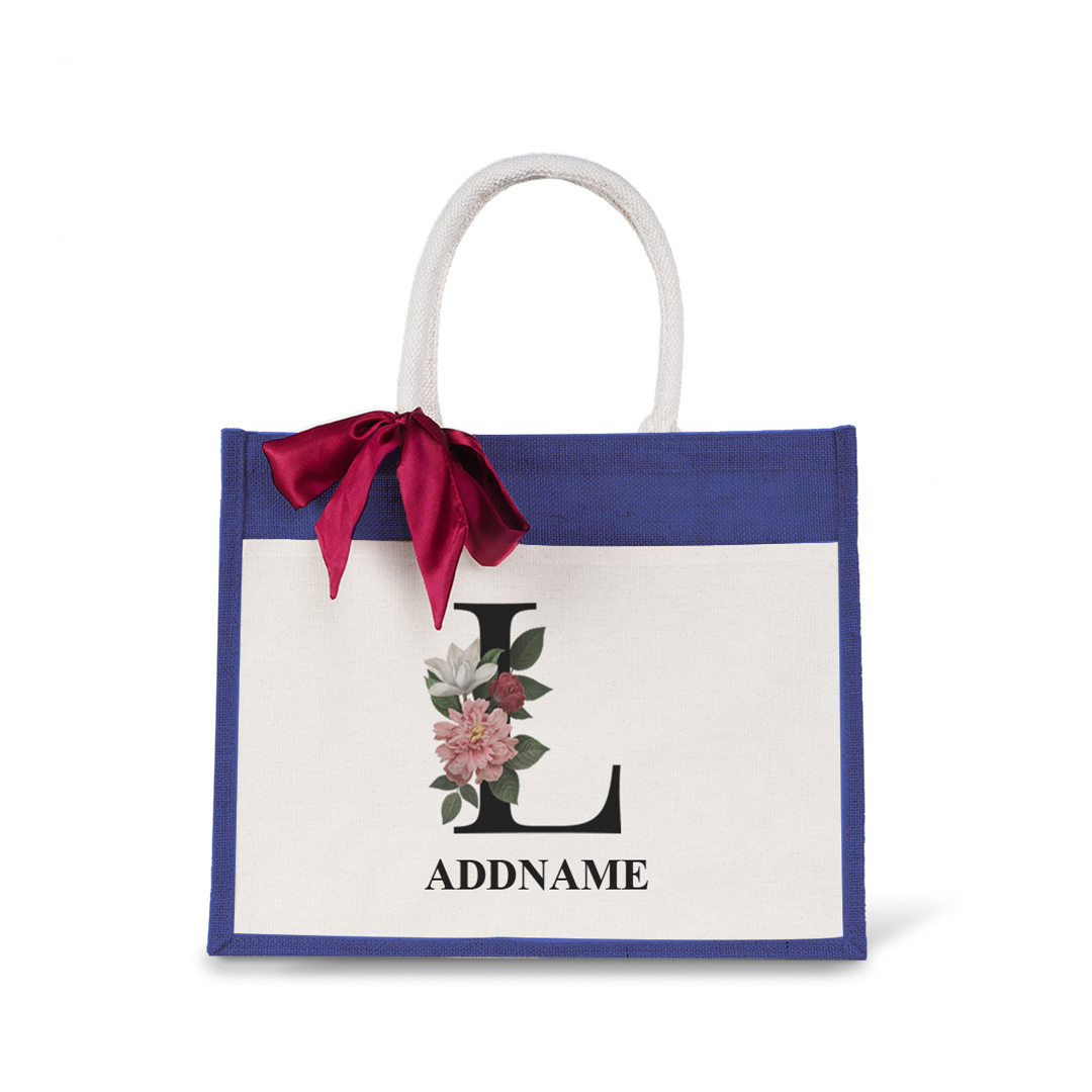 Myra Floral Series Navy Jute Bag with Front Pocket