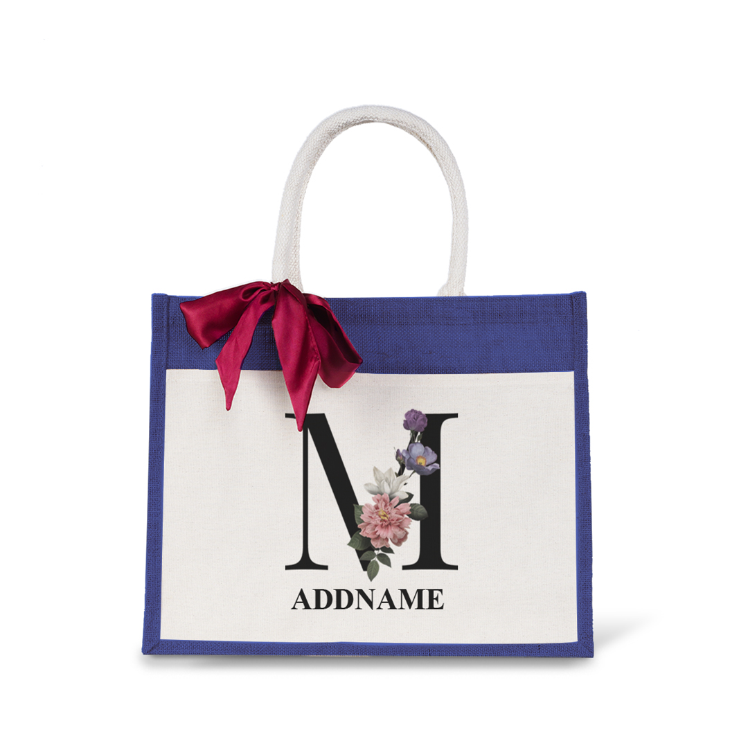 Myra Floral Series Navy Jute Bag with Front Pocket