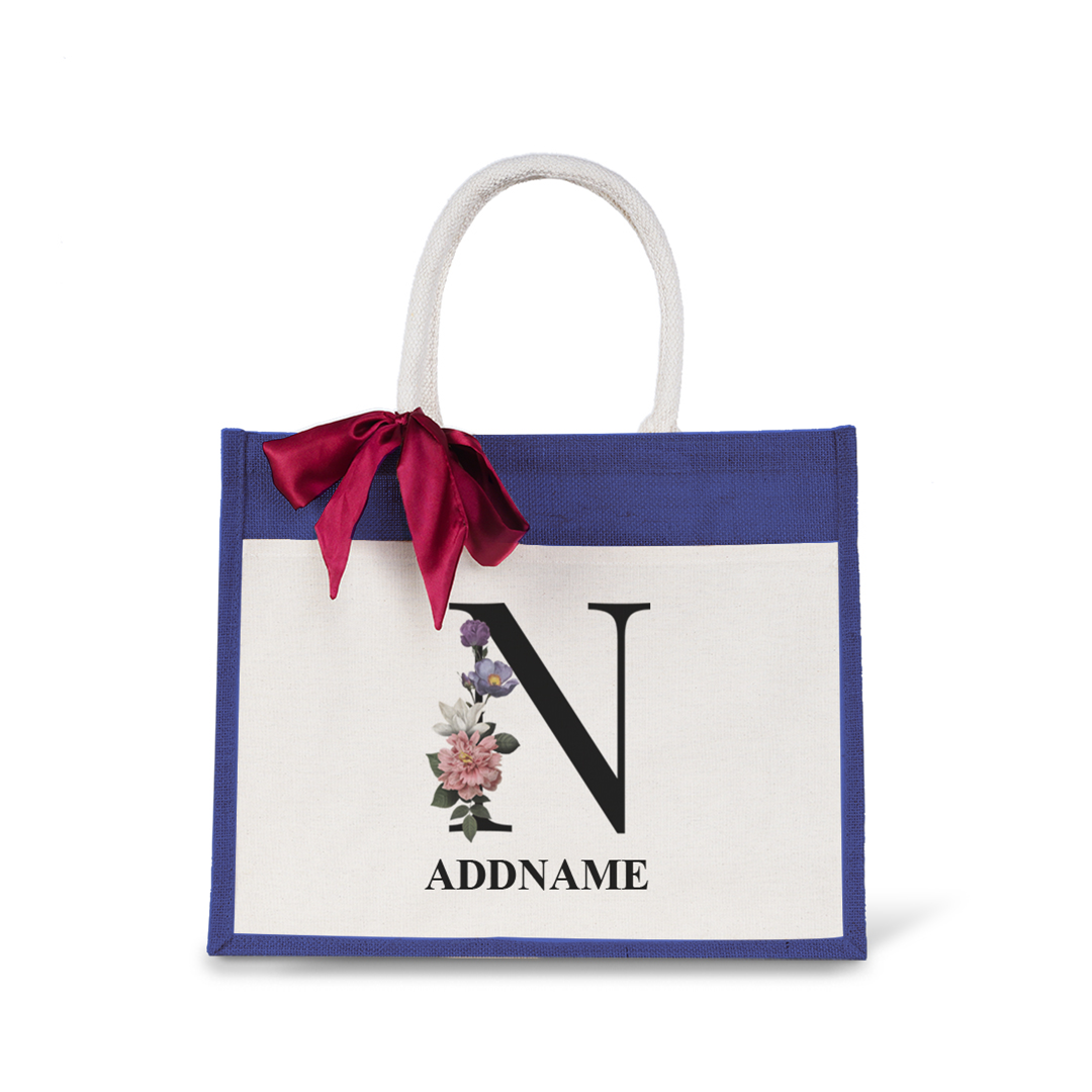 Myra Floral Series Navy Jute Bag with Front Pocket