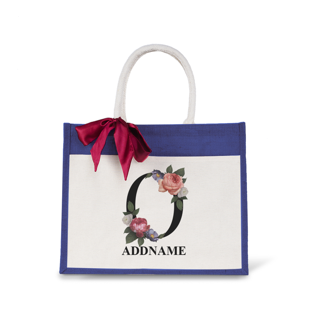 Myra Floral Series Navy Jute Bag with Front Pocket