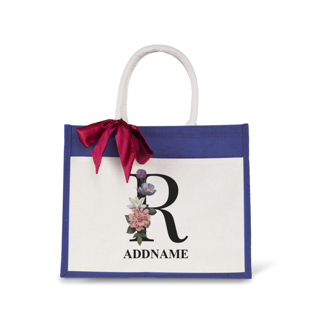 Myra Floral Series Navy Jute Bag with Front Pocket