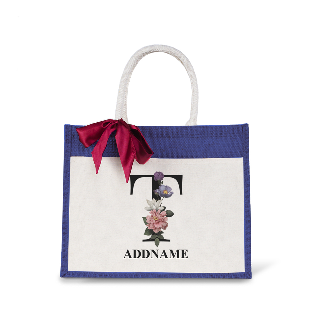 Myra Floral Series Navy Jute Bag with Front Pocket