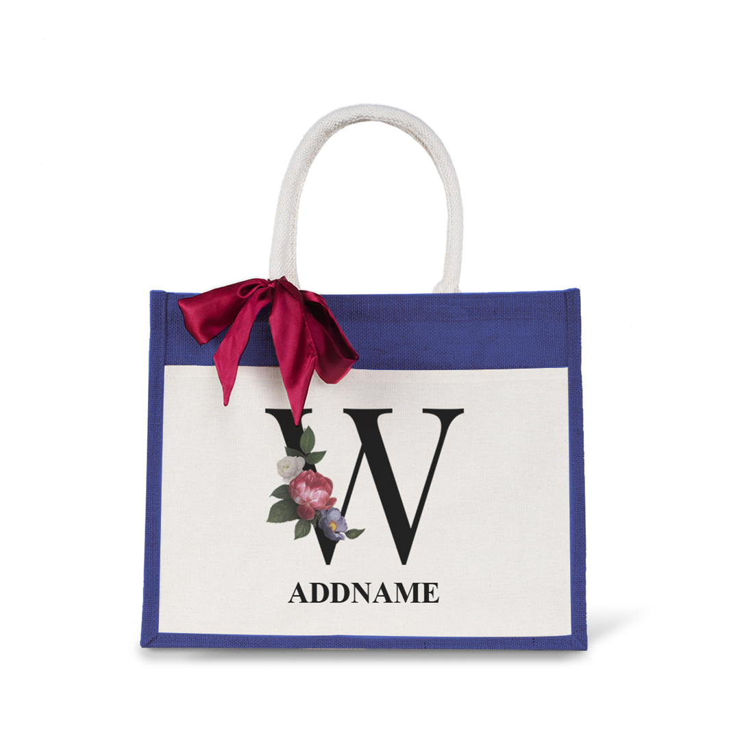 Myra Floral Series Navy Jute Bag with Front Pocket