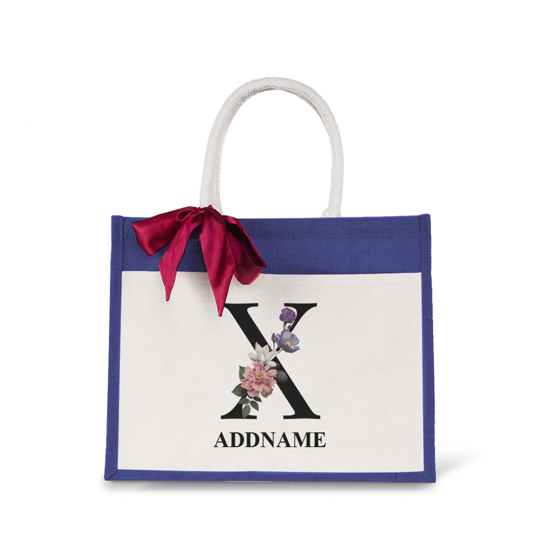 Myra Floral Series Navy Jute Bag with Front Pocket