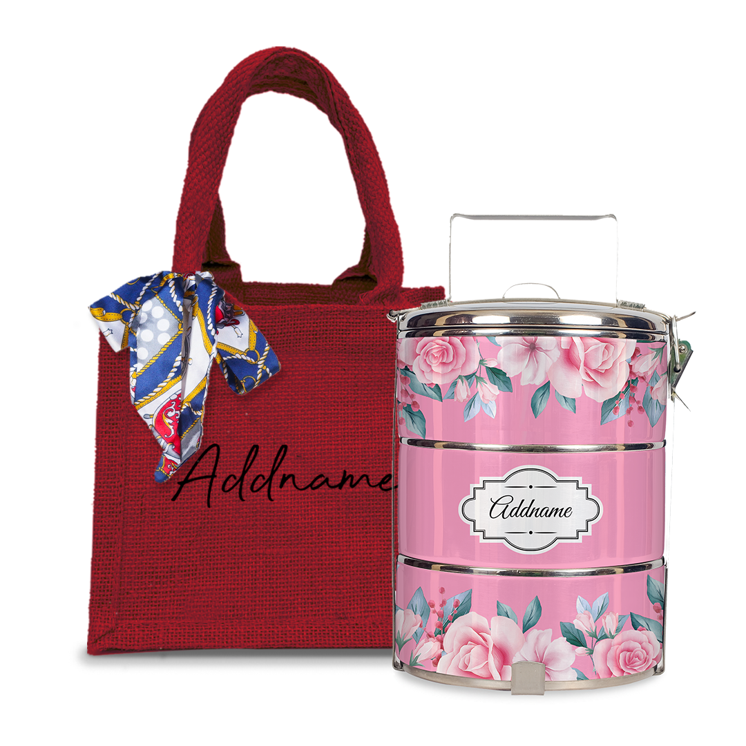 Full Pink Rose Tiffin Carrier