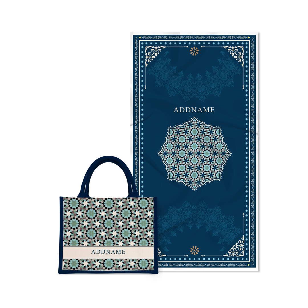 Ornamental Series - Prussian Blue Prayer Mat with Navy Half Lining Small Canvas Bag