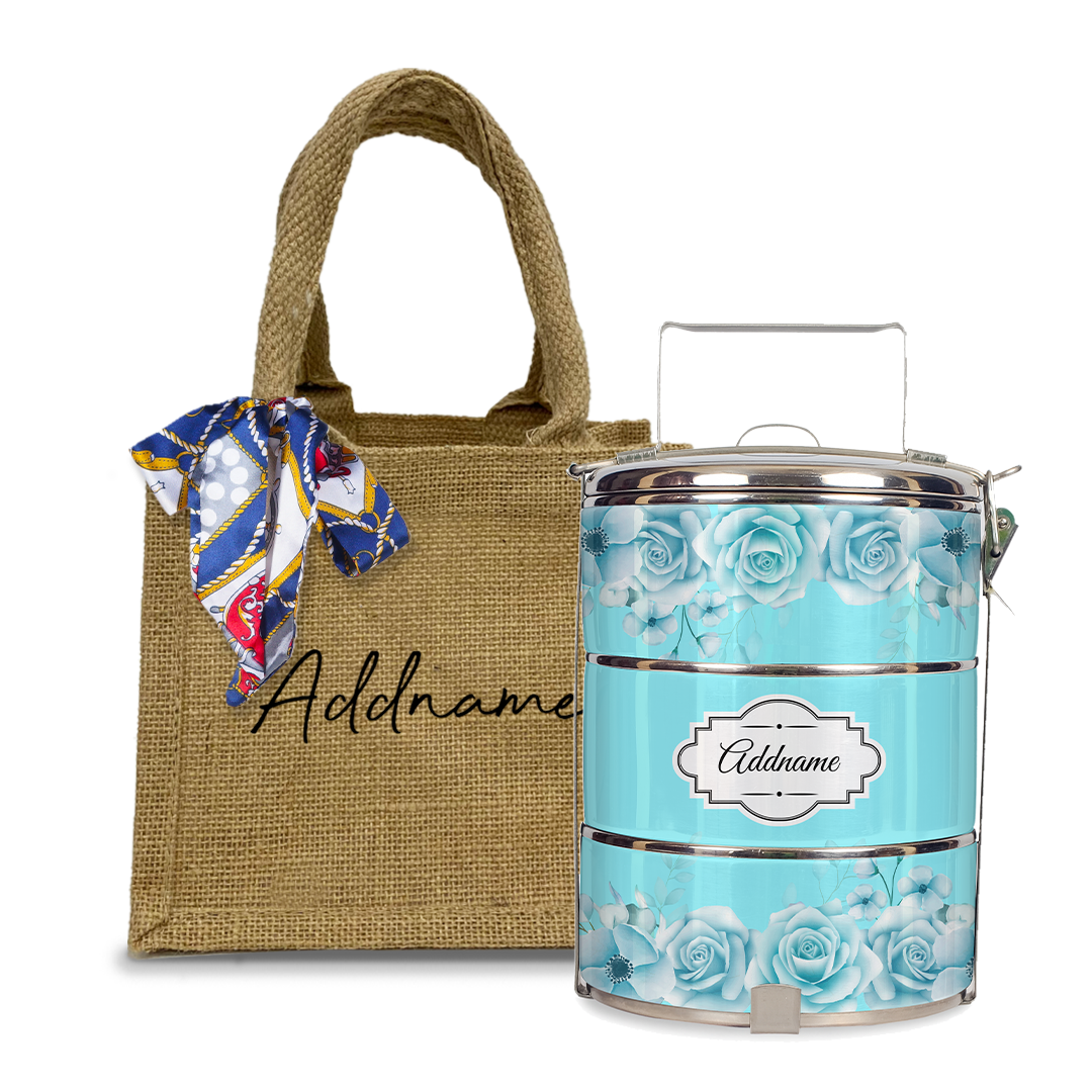 Full Turquoise Rose Tiffin Carrier