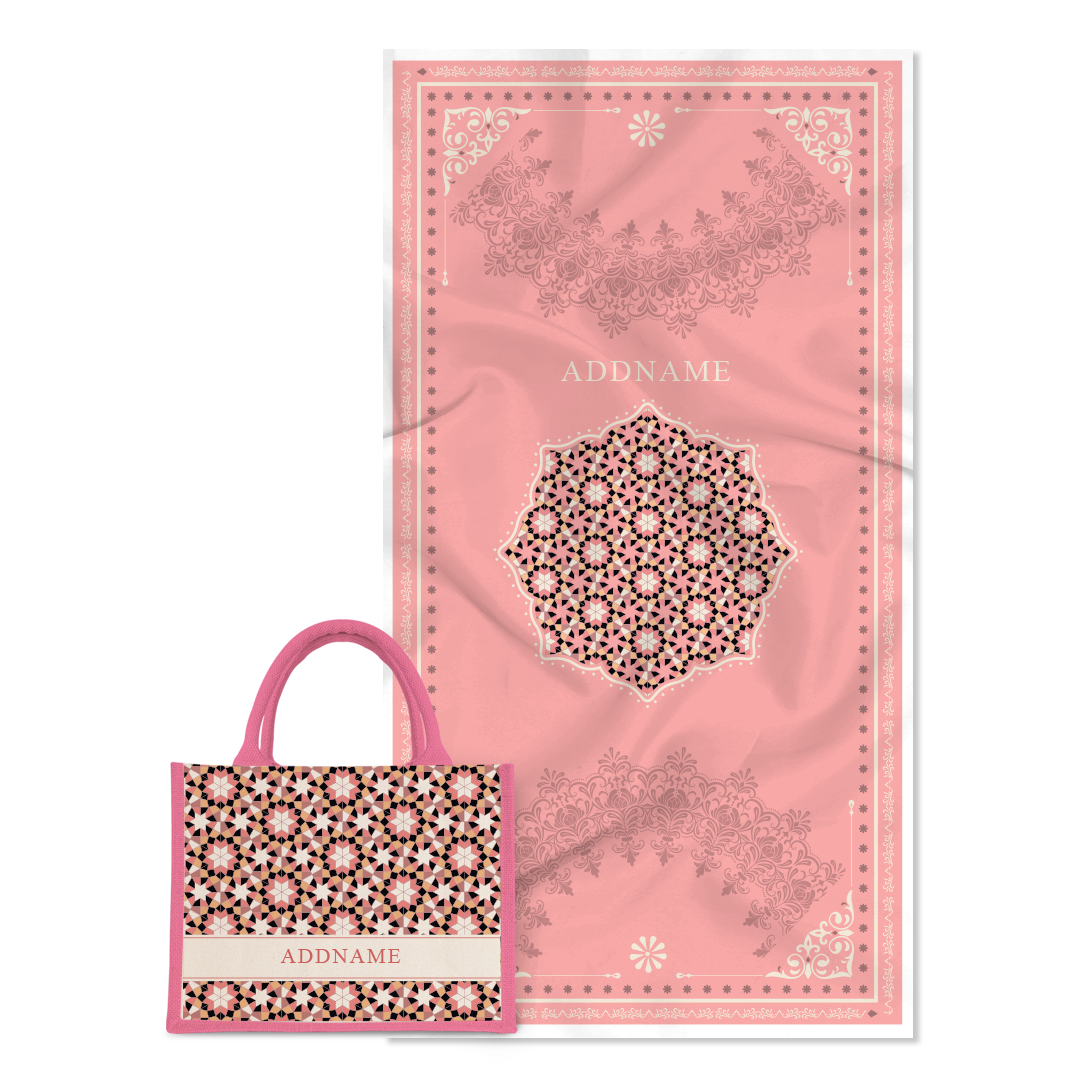 Ornamental Series - Pastel Peach Prayer Mat with Light Pink Half Lining Small Canvas Bag