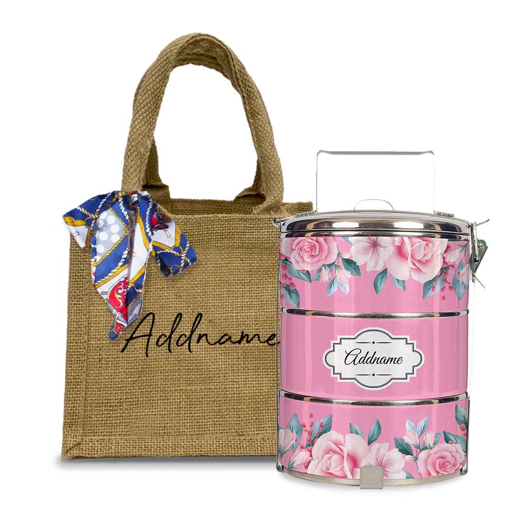 Full Pink Rose Tiffin Carrier