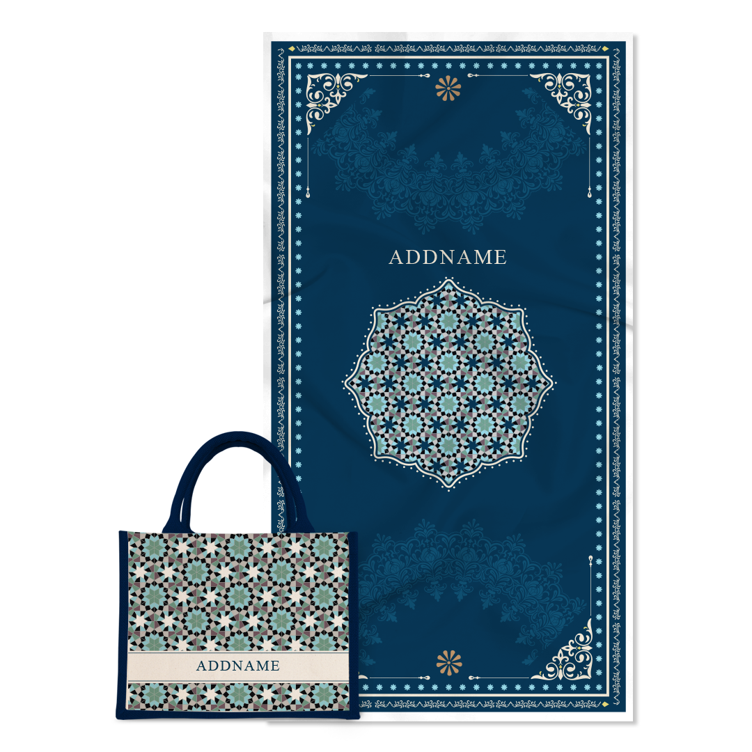 Ornamental Series - Prussian Blue Prayer Mat with Navy Half Lining Small Canvas Bag