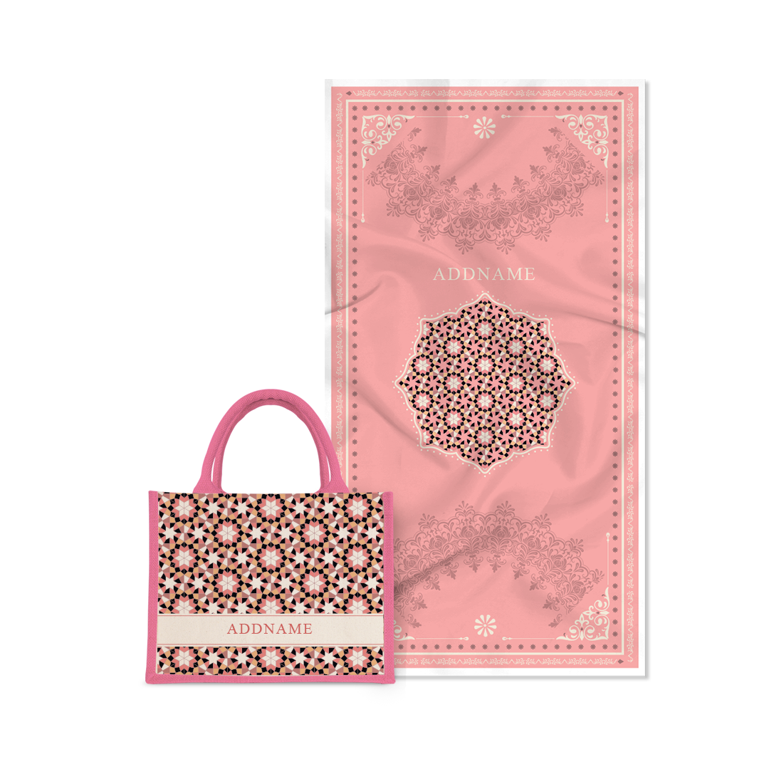 Ornamental Series - Pastel Peach Prayer Mat with Light Pink Half Lining Small Canvas Bag