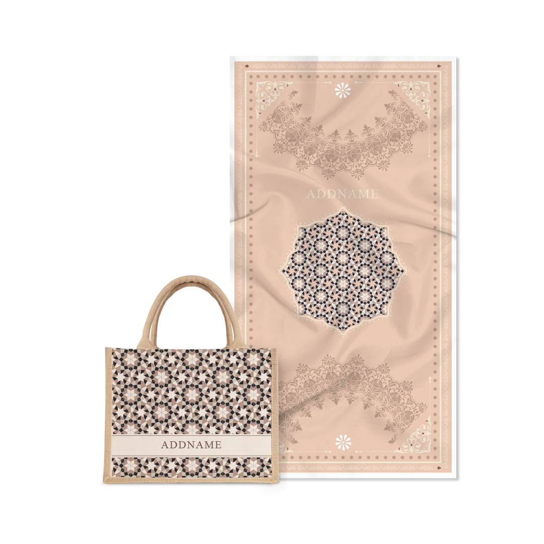 Ornamental Series - Pastel Beige Prayer Mat with Natural Half Lining Small Canvas Bag