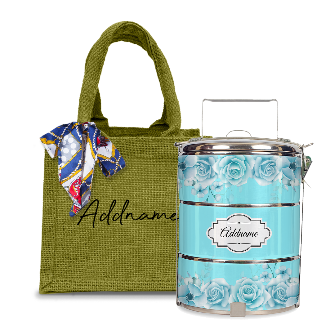 Full Turquoise Rose Tiffin Carrier