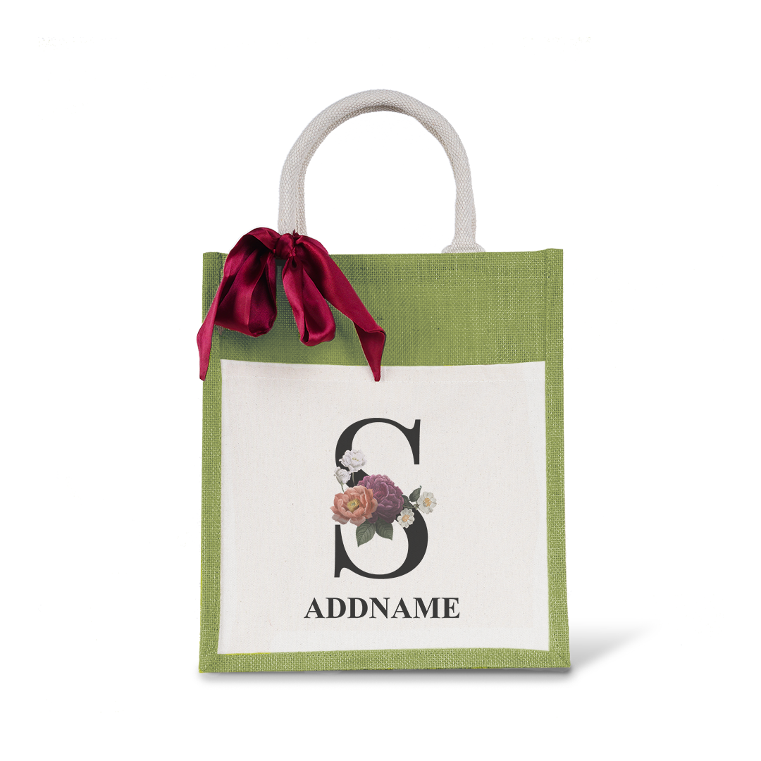 Myra Floral Series Olive Green Colourful Jute Bag With Front Pocket