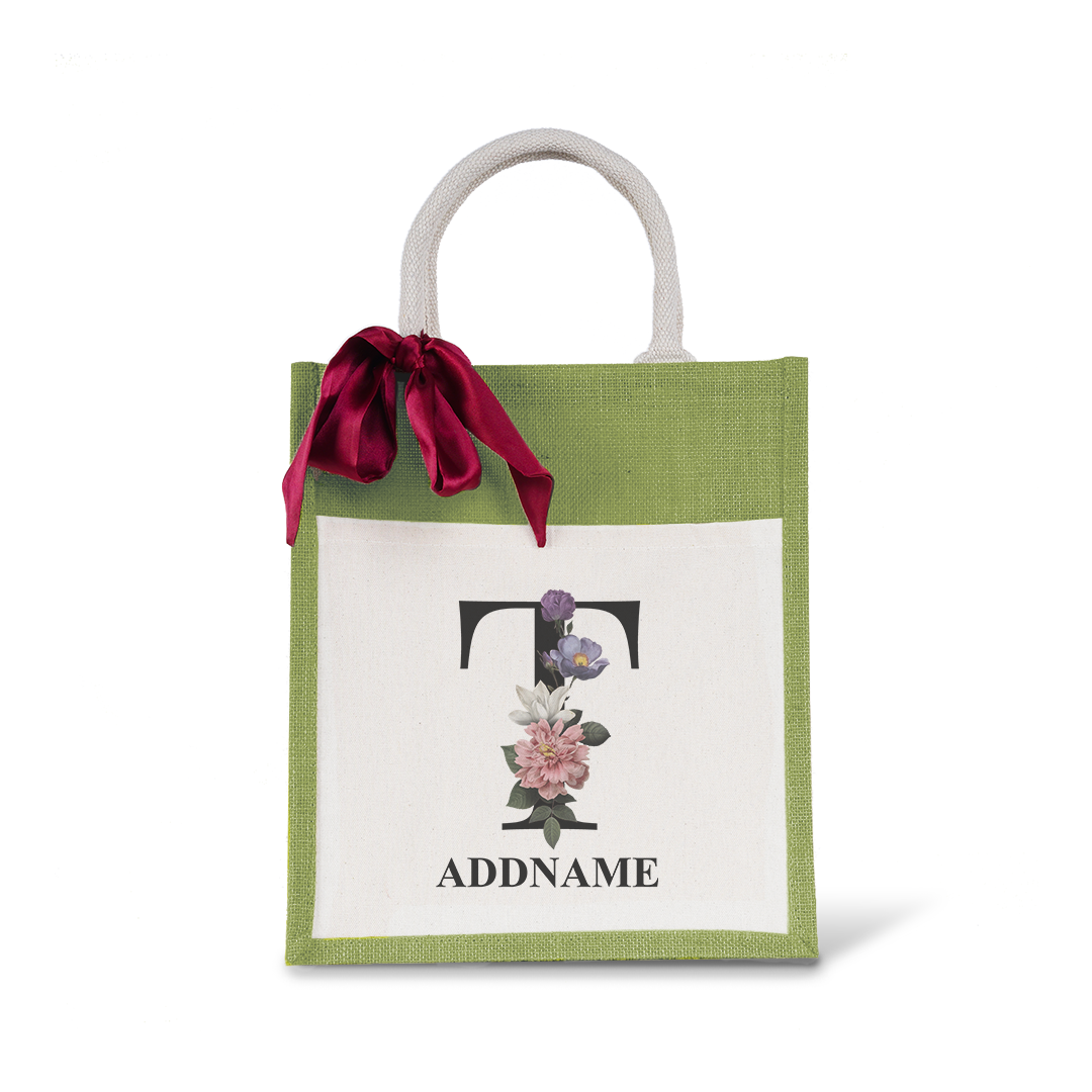 Myra Floral Series Olive Green Colourful Jute Bag With Front Pocket