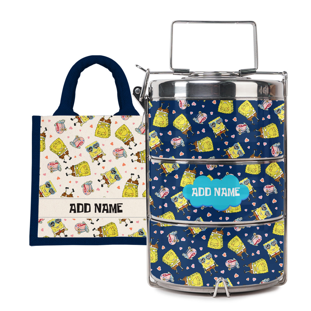 SpongeBob - Get Happy Pattern Personalized Half Lining Lunch Bag and Tiffin Carrier