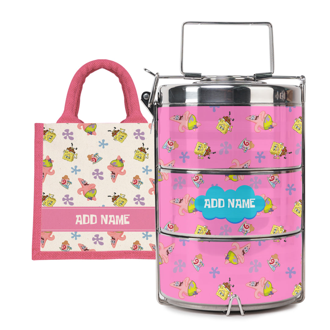 SpongeBob - Happy Walking Pattern Personalized Half Lining Lunch Bag and Tiffin Carrier
